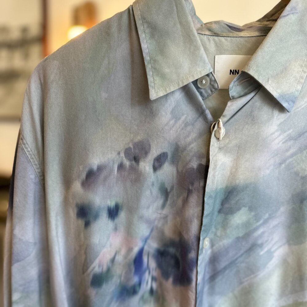 NN07 Men's Watercolor Print Button-Down Shirt - Sage Blue